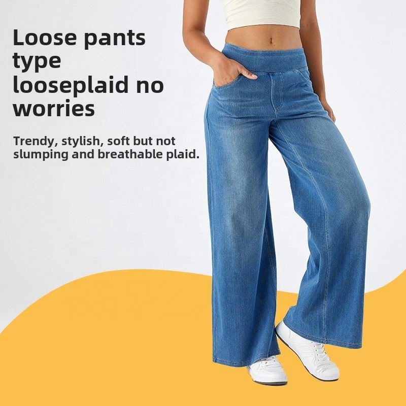 Custom Logo Women's Wide Leg Denim Pants High Waist Washed Look Loose Fit Stretch Jeans Casual Streetwear Trousers