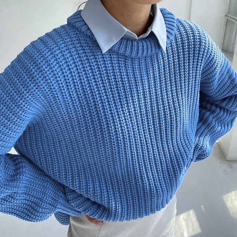 Women's Casual Crewneck Sweater Front/Back Logo Autumn Season Solid Color Long Sleeve Knitted Jacket Loose 'Lazy Wind' Style