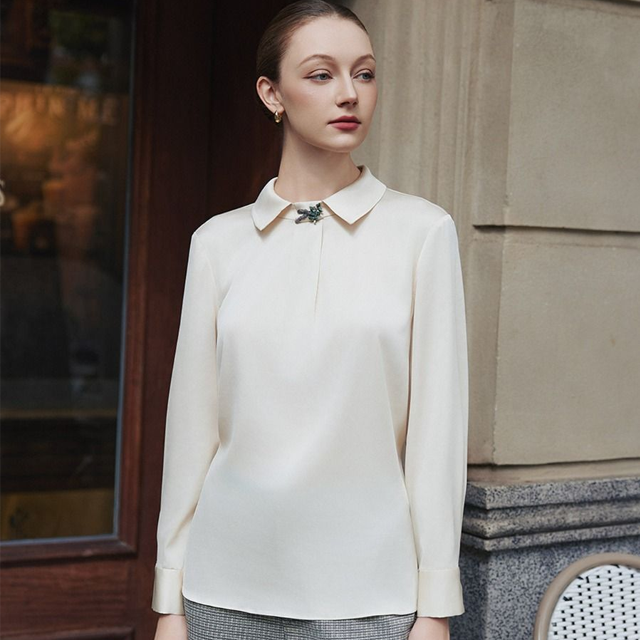 Women's Casual Style Satin Blouse with Turn down Collar Formal style