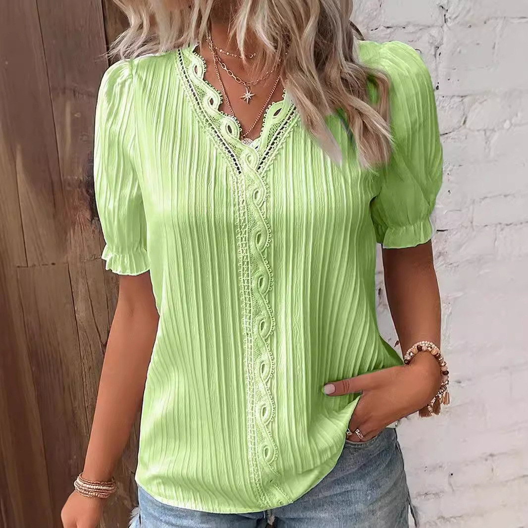 Women's Plus Size XL Blouse Top V-Neck Hollow Short Sleeve Casual Loose Street Apparel with Lace Decoration Breathable Design