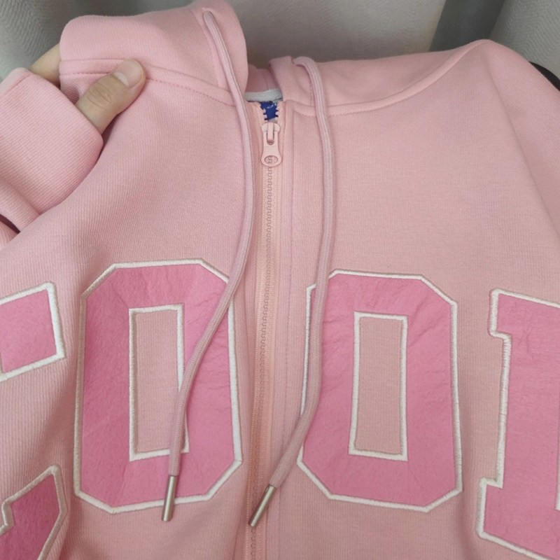 OEM Factory Custom Casual Knitted Spring Pink Embroidery Applique Logo Hoodie 100% Cotton Oversized Zip up Women