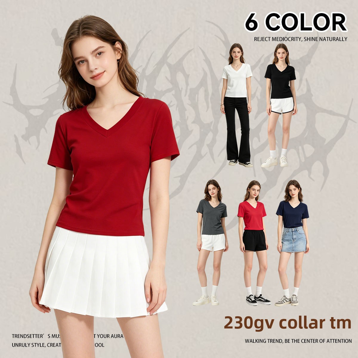 Custom 230g Cotton Spandex Yarn Slim-fit V-neck Casual Women's Summer Solid Color Printed Tie-Dyed Short Sleeve T-shirts