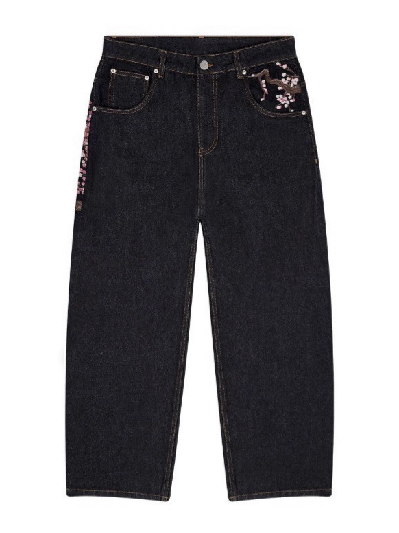 Customized European and American Retro Plum Blossom Embroidery Mid-waist Quick-drying Denim Casual Women's Straight-leg Jeans