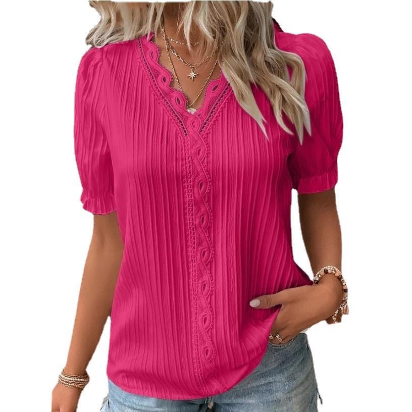 Women's Plus Size XL Blouse Top V-Neck Hollow Short Sleeve Casual Loose Street Apparel with Lace Decoration Breathable Design