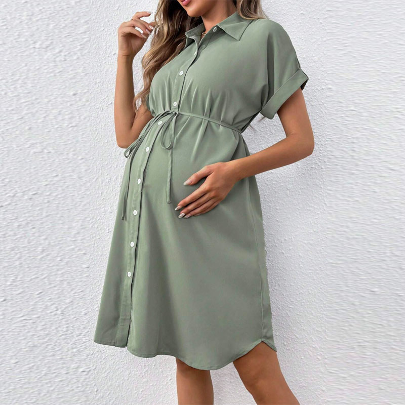 New Maternity Clothes Dresses Summer Short Sleeved Button Casual Maternity Skirt Fashionable Waistband Shirt Maternity Dress
