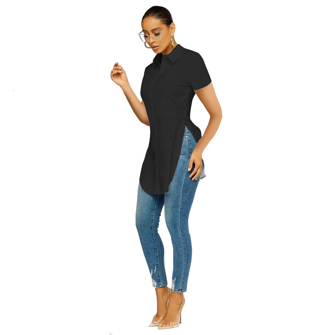 Women Casual Short Sleeve Shirt Fashion Slit Long Shirt Women Clothing 2023