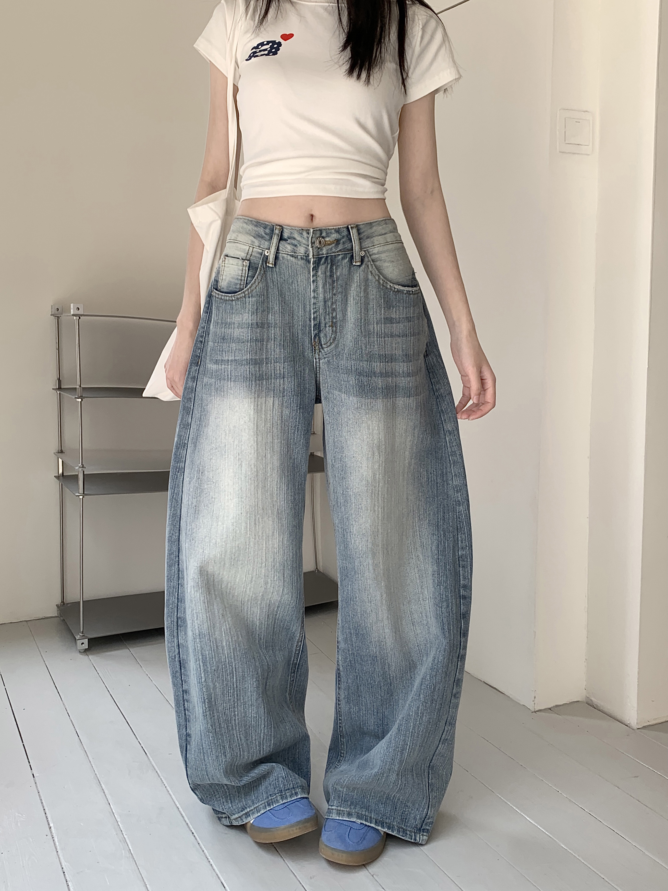 Vintage Nostalgic Machete Pants Women's High Waist All-Season Light Blue Denim Jeans Autumn Washed Loose Trousers with Wide Leg
