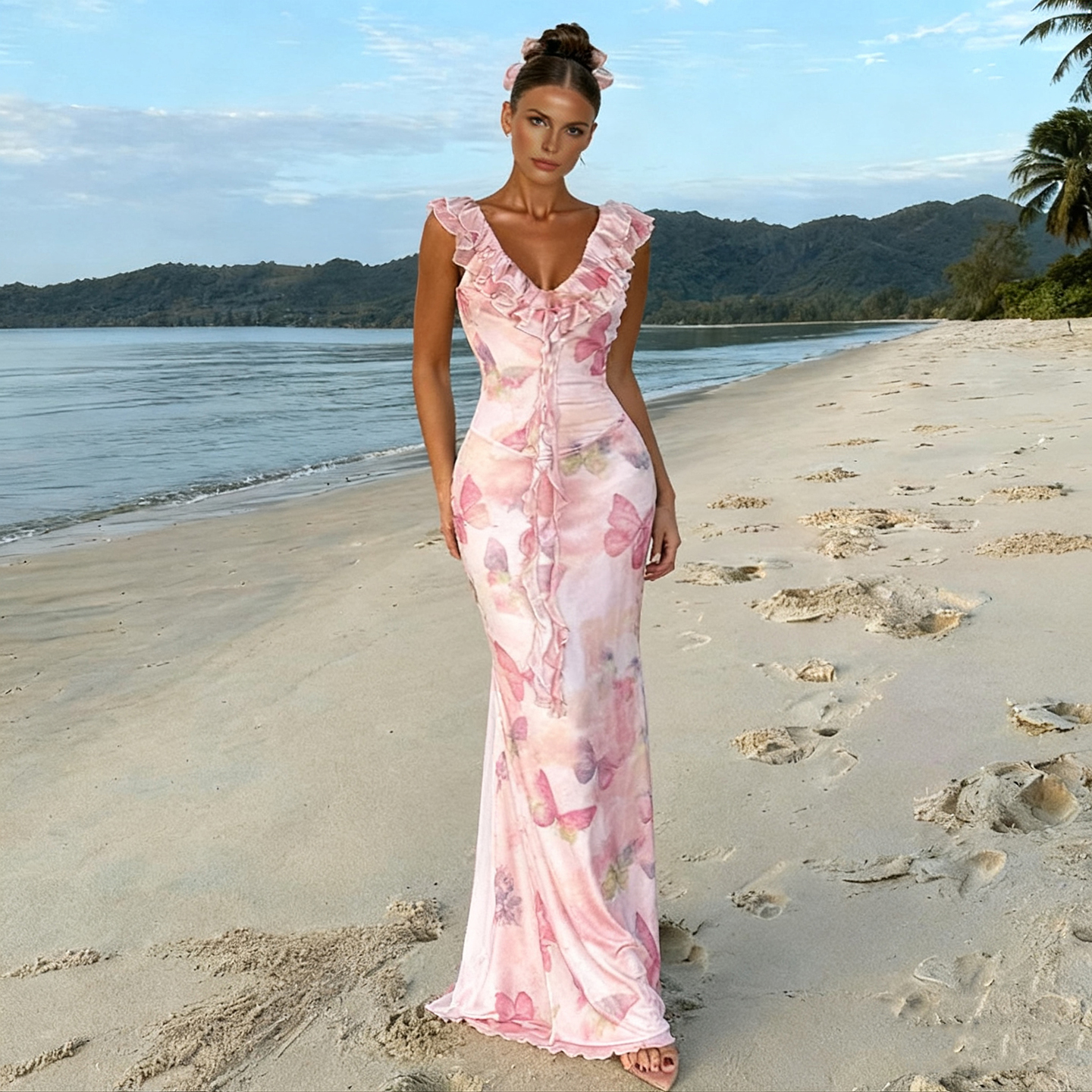 French Style Pink Butterfly Print Floor-Length Woven Natural Waist Lace Ruffle Neck Mesh Women's Summer Vacation Dress