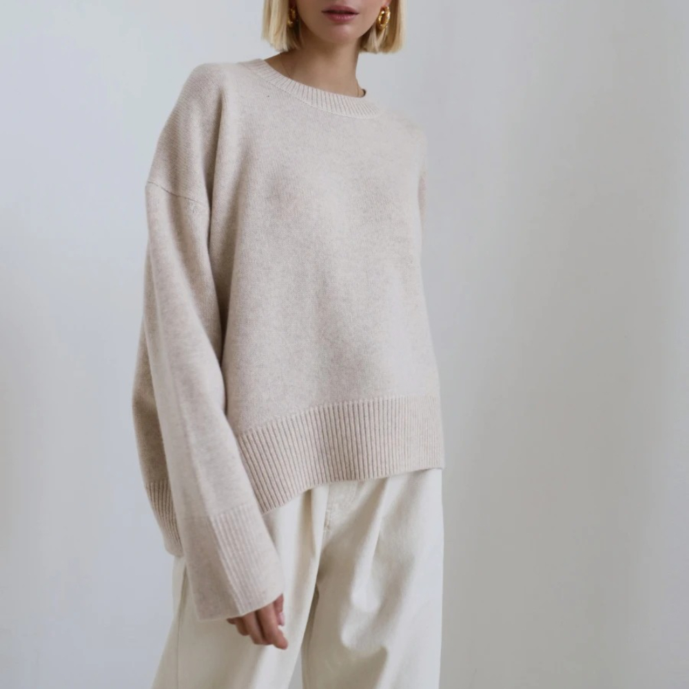 Blubelle Women's O-Neck Knit Sweater Loose Fit Soft Solid Color Cozy Oversized Casual Autumn Winter Plus Size Short Front