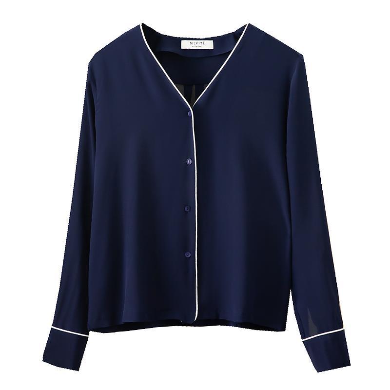 Contrasting Color French V-neck Silk Long Sleeves Blouse Ladies Tops
