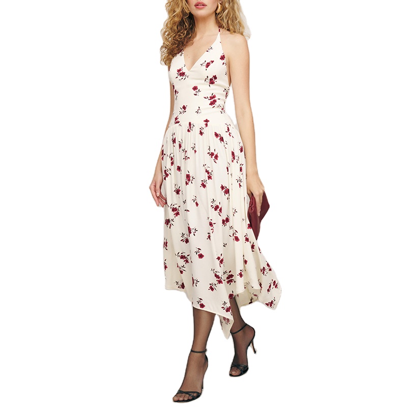 Custom Print Tie Strap V-neck Halter Empire Waist Midi Breathable A-Line Floral Print Women's Summer Spring Dress