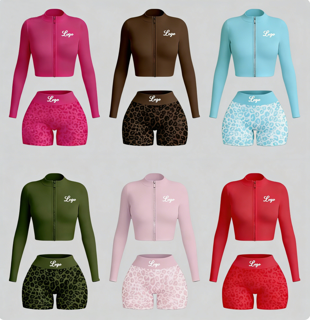 Custom Women 2 Piece Workout Sets, Long Sleeve Zip up Crop Top High Waist Leopard Print Biker Shorts Activewear Women's Sets