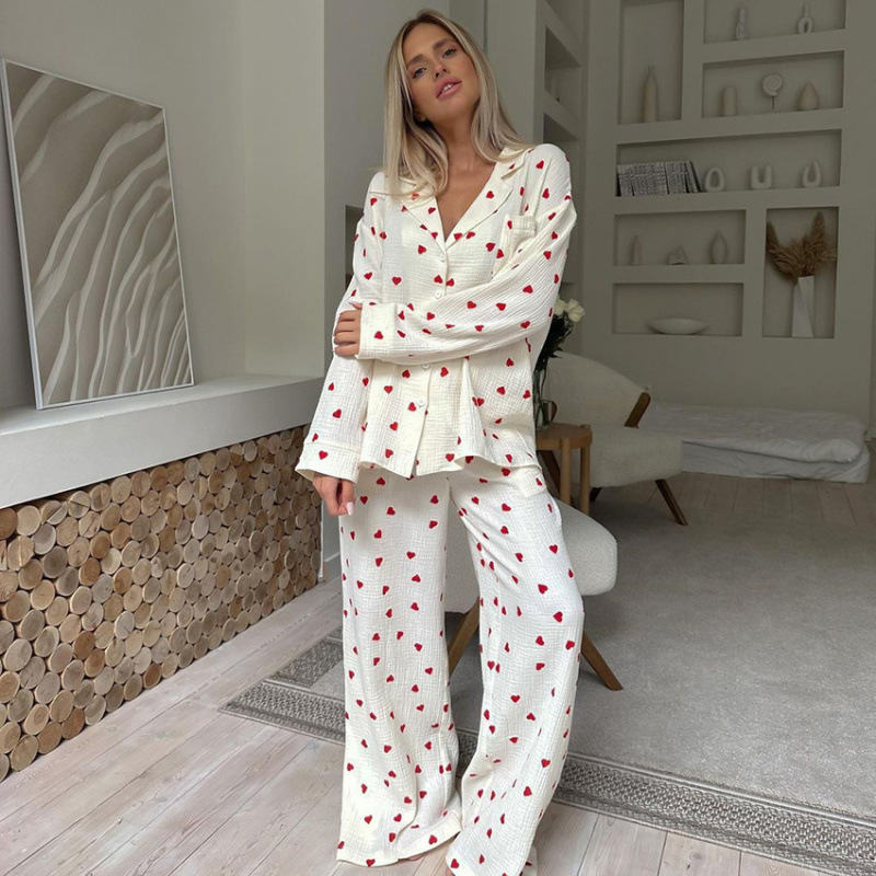 Women's Elegant Loose Long Sleeve Top Pants Sleepwear Set Heart Print Two-Piece Pajama Elastic Waist Soft Casual for Autumn