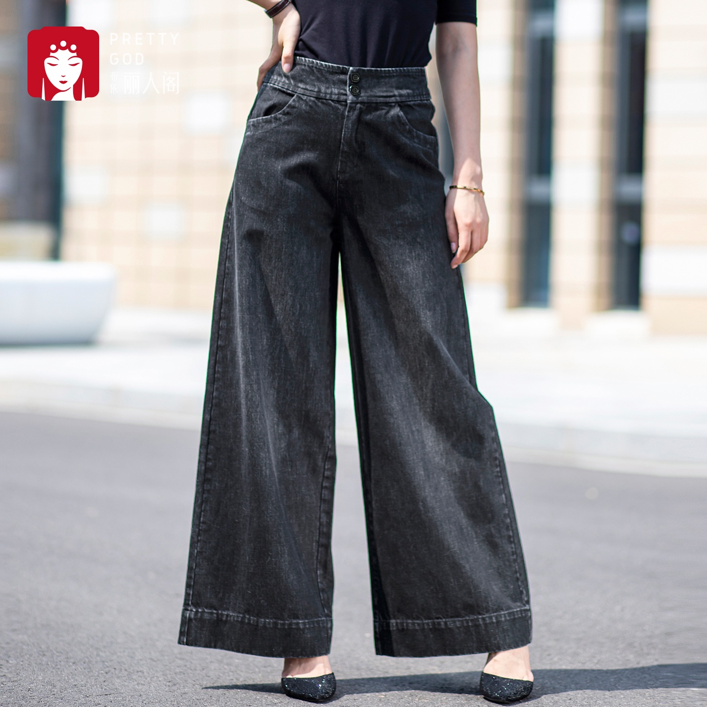 BuYiLiRenGe 2025 Women's Casual High-Waisted Loose Solid Simple Slimming Dark Wash 100% Cotton Denim Wide-Leg Trousers Autumn