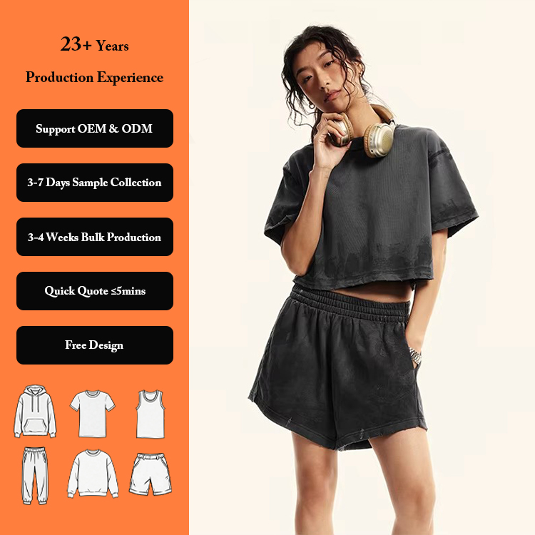 Wholesale Streetwear Heavy Cotton Custom Brush Printing Vintage Stone Washed Women's Distressed Short Length Crop T-shirts