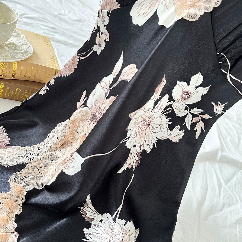 Summer Women's Satin Print Lace Pajamas Dress Sexy Backless Sleeveless Short Sleep Skirt Breathable Quick Dry Soft Loungewear