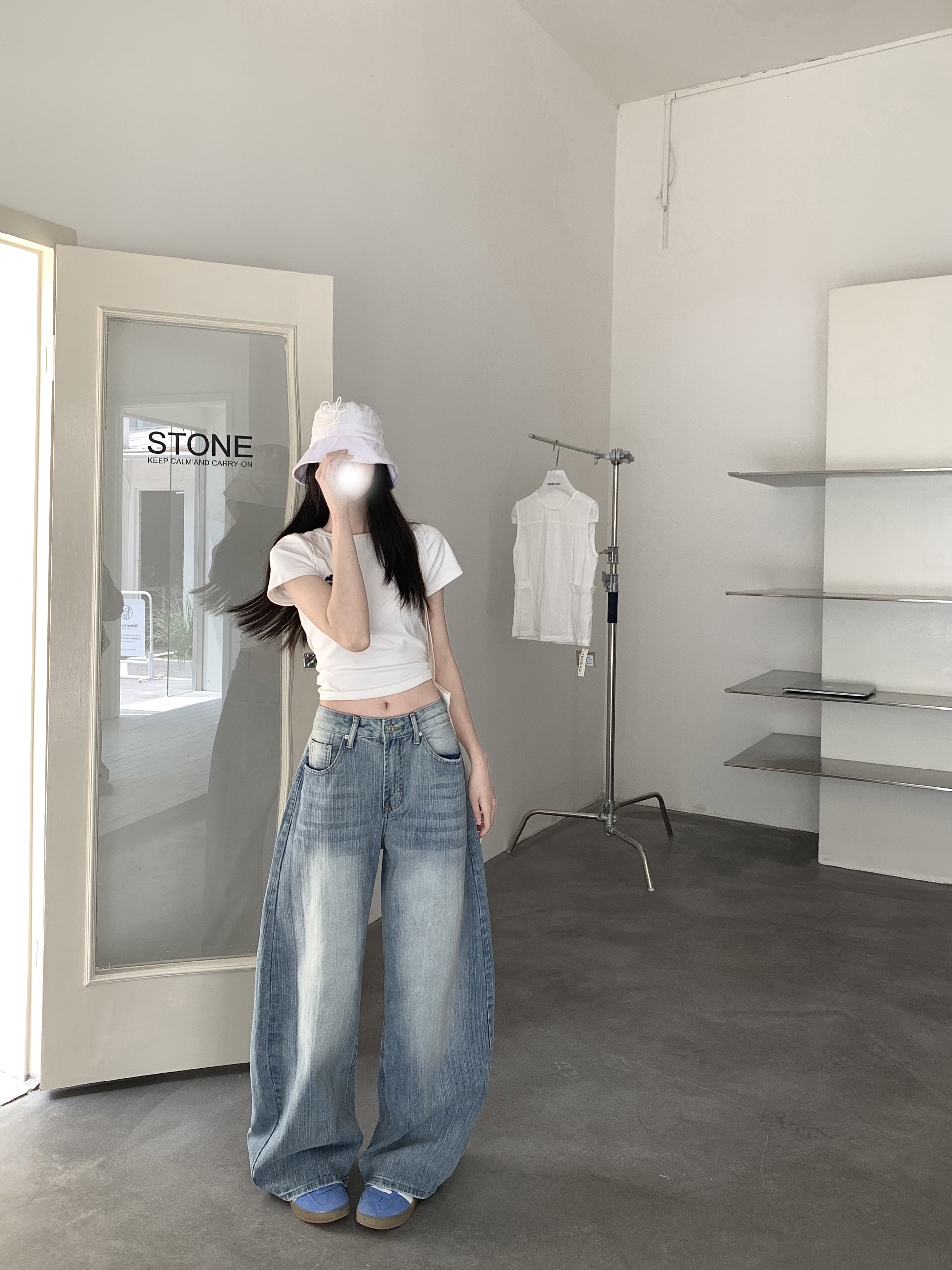 Vintage Nostalgic Machete Pants Women's High Waist All-Season Light Blue Denim Jeans Autumn Washed Loose Trousers with Wide Leg