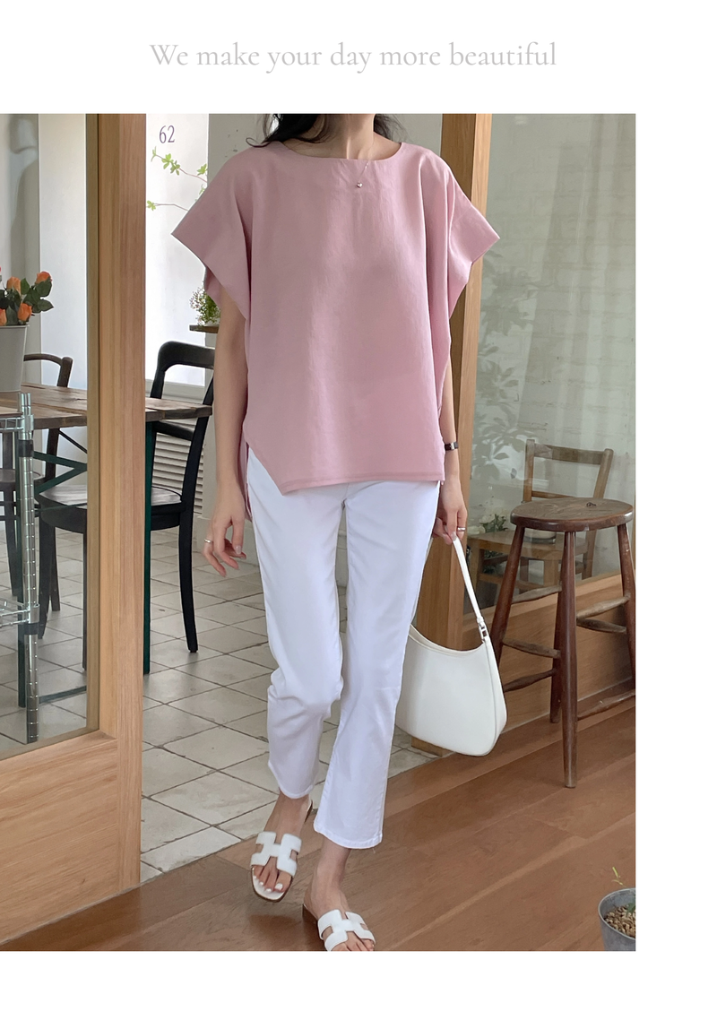 ELEGANT Relaxed Boxy Fit Women's Summer Blouse with Short Sleeve One-Shoulder Plain Dyed Polyester/Cotton Material Made in Korea