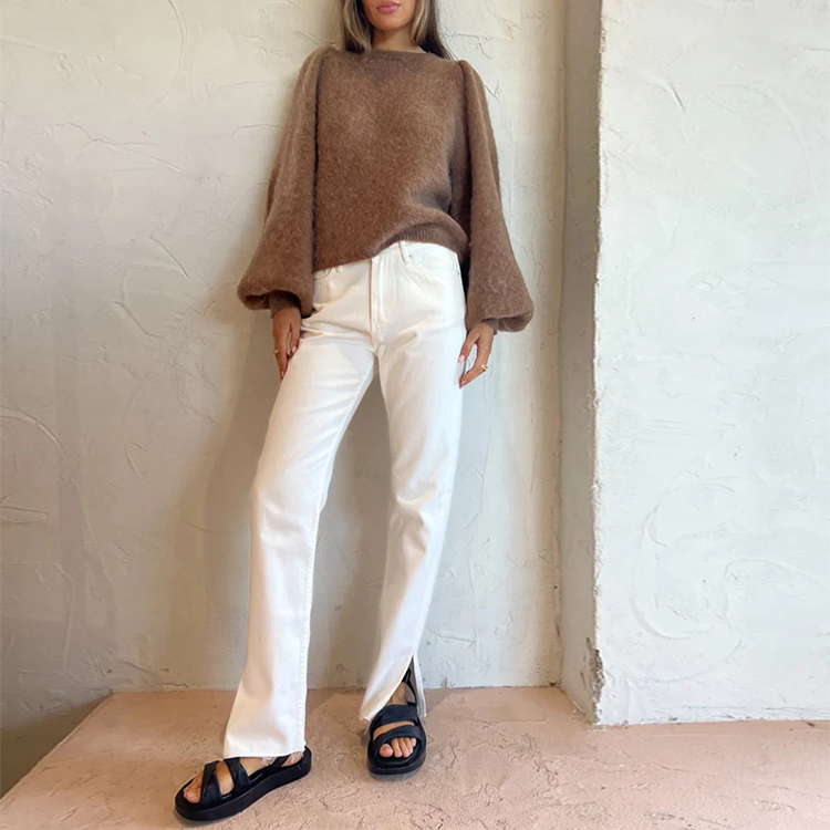 Knitwear Manufacturer Custom Fall Winter Crew Neck Long Sleeve Women Wool Mohair Pullover Knit Sweater