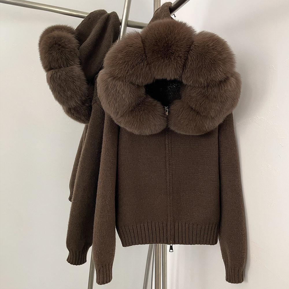 OFTBUY Real Fox Fur Collar Knitted Cardigan Women Detachable Fur Hooded Zipper Sweater Jacket Loose Oversize Winter Coat