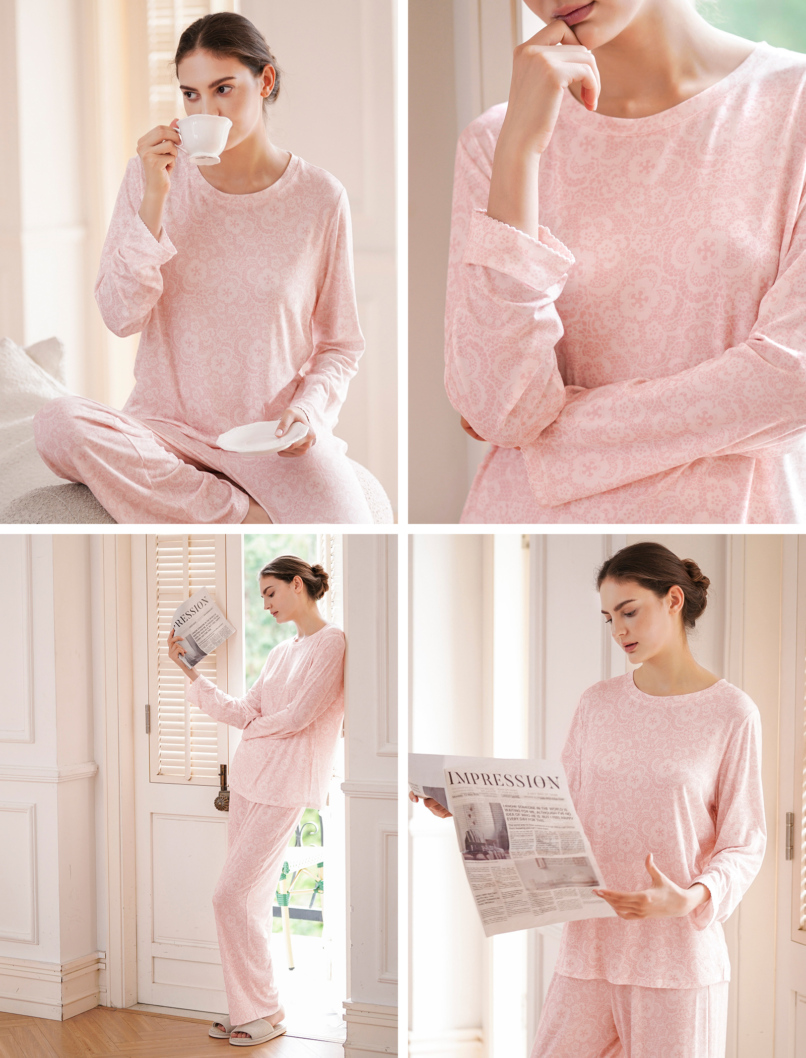 Women's Pink Floral Print Loungewear Set Long Sleeve Soft Casual Sleepwear Outfit