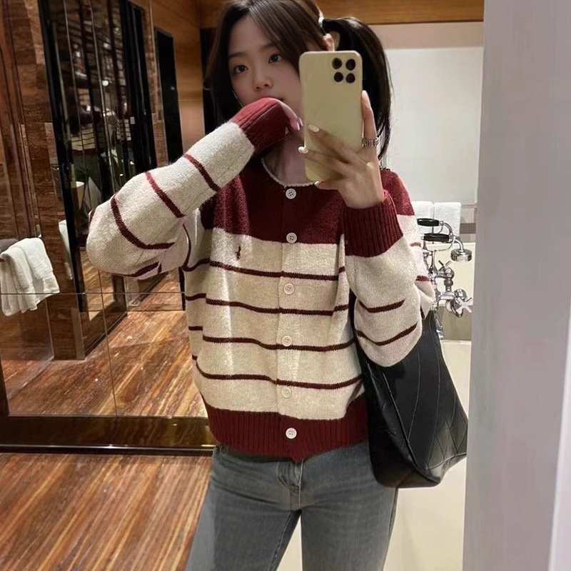 Women's Winter Korean Style Anti-Pilling Polyester/Cotton Varsity Cardigan Sweater Custom Logo O-Neck Striped Pattern Loose Fit