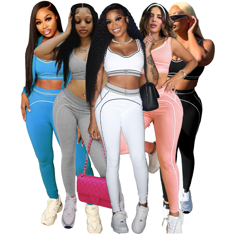 Women's Two-Piece Sports &amp; Leisure Gym Wear Activewear Solid Pattern Workout Sets with Front Logo for Gym Clothes