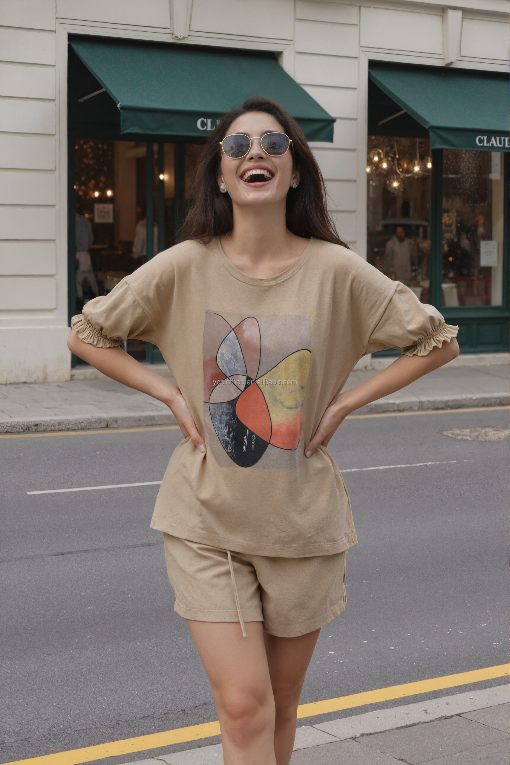Wholesale Casual Women's 100% Linen Two-Piece Loungewear Set-Minimalist Floral Pattern Short Sleeve Top Shorts Quick Dry
