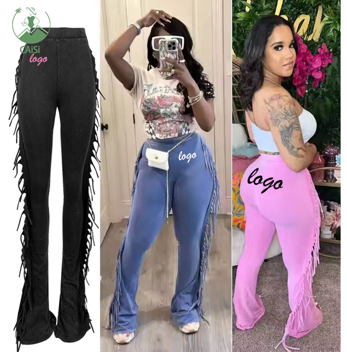 Women's Tassel Pants Trousers Acid Wash Street Stacked Sweatpants Soild Fringe Stretch Flare Cargo Pants Fall Clothes for Women