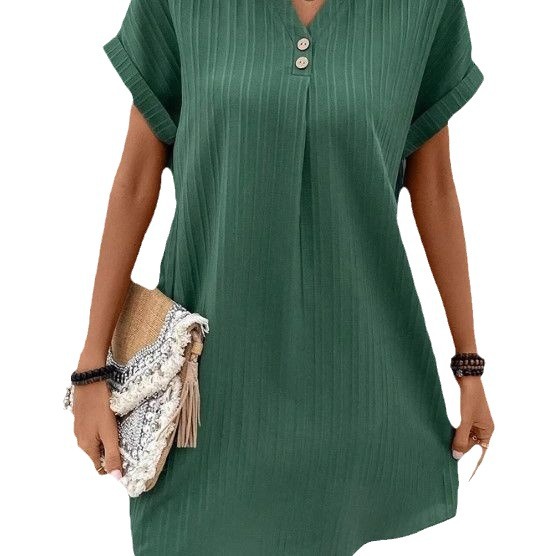 Women's Summer 2023 New V-neck Solid Color Knee-Length Loose Fit Casual Button Pullover Dress Comfortable Washable Natural Front