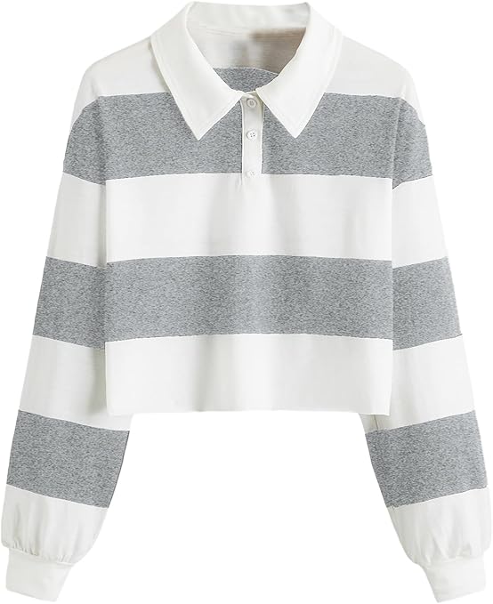 Hot Sale Custom Embroidered Logo Stripes Dropped Shoulder Long Sleeves Cropped Women's Rugby Polo Shirt