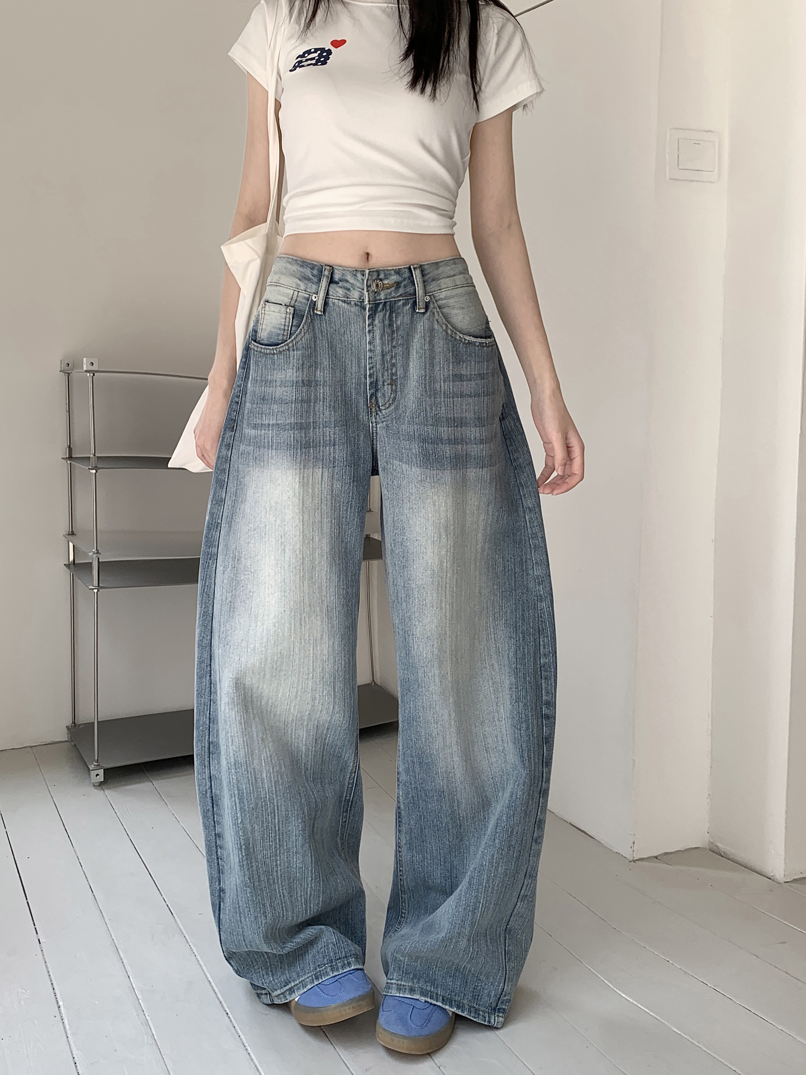 Vintage Nostalgic Machete Pants Women's High Waist All-Season Light Blue Denim Jeans Autumn Washed Loose Trousers with Wide Leg
