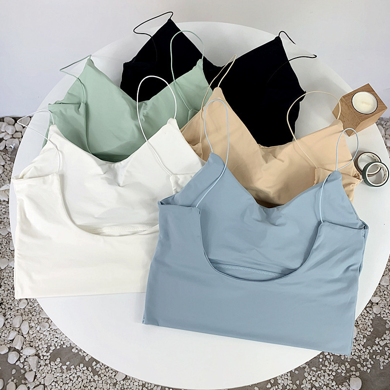 Womens Tops Sleeveless Spaghetti Strap Camisole Double Padded Push up Knitted Vest Breathable Soft Summer Ice Silk Tube Top Bra