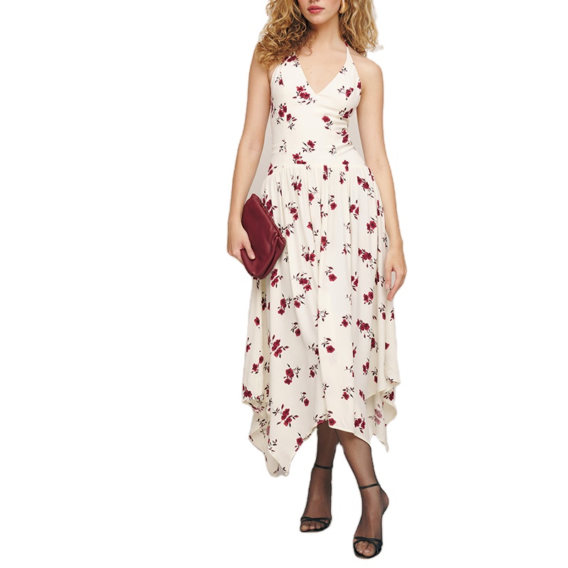 Custom Print Tie Strap V-neck Halter Empire Waist Midi Breathable A-Line Floral Print Women's Summer Spring Dress