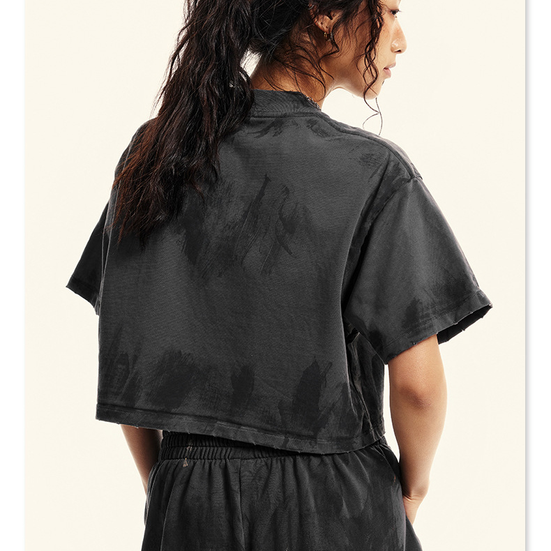 Wholesale Streetwear Heavy Cotton Custom Brush Printing Vintage Stone Washed Women's Distressed Short Length Crop T-shirts