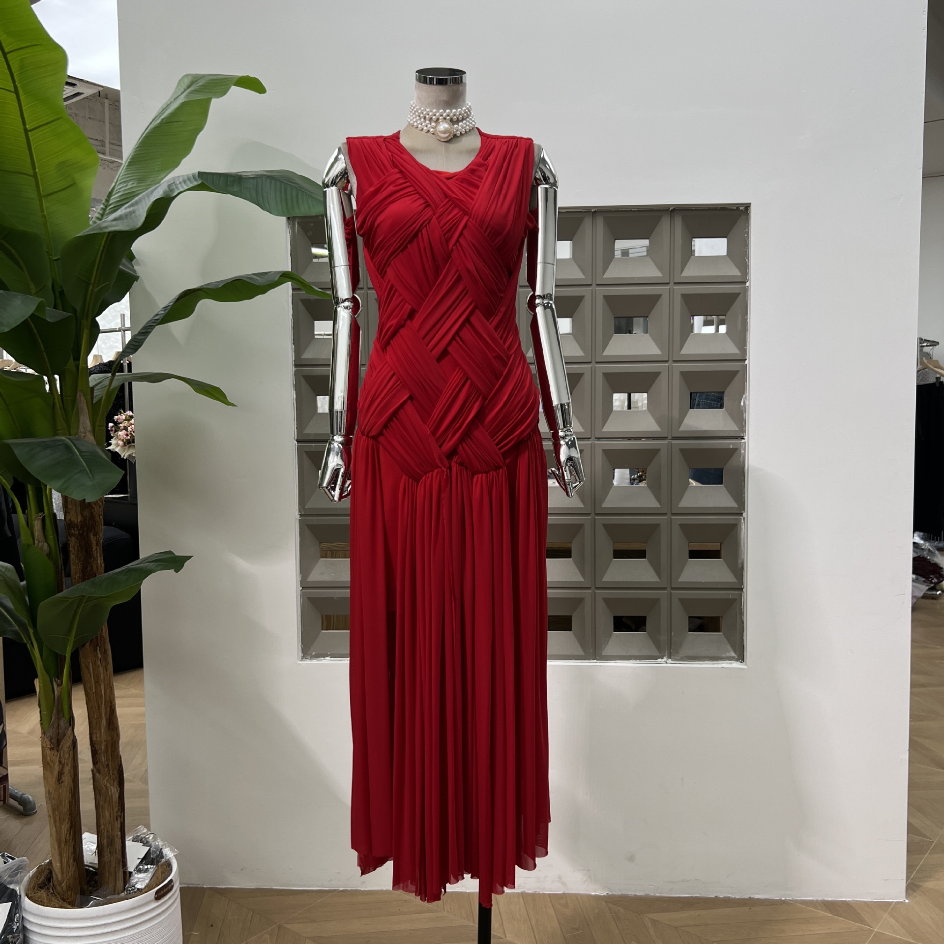 Elegant Ladies Autumn New Product Design Sense Woven Cut Slim Fit Vacation Style Slit Dress