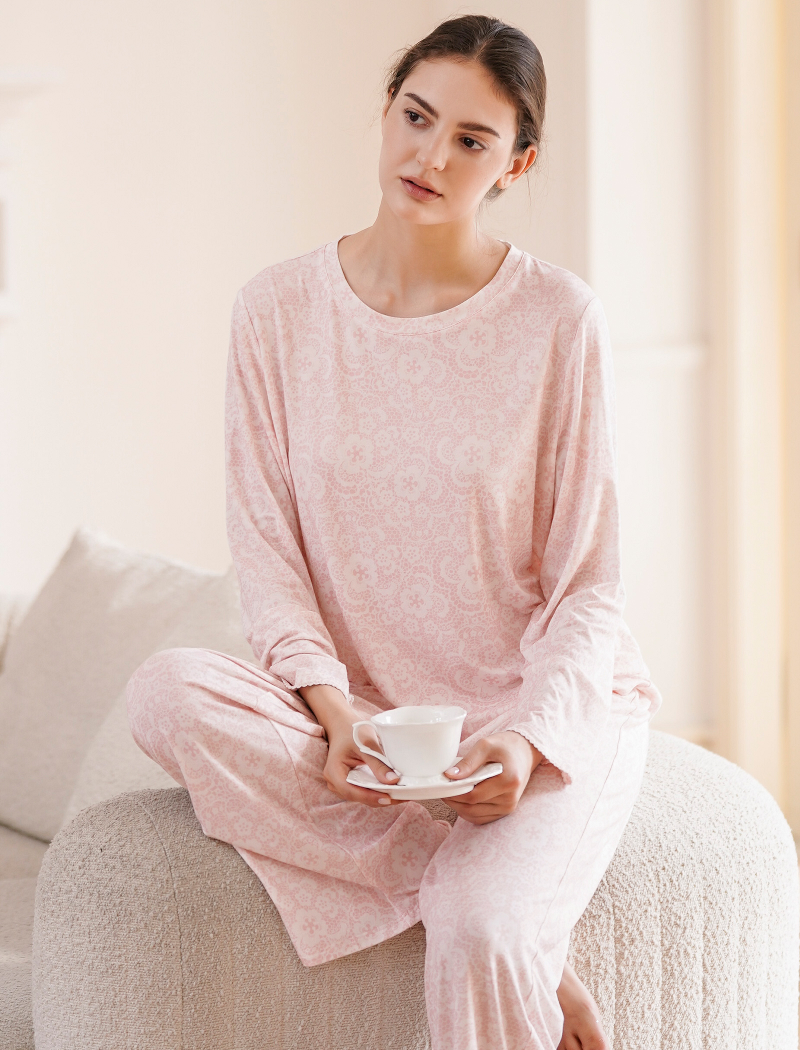 Women's Pink Floral Print Loungewear Set Long Sleeve Soft Casual Sleepwear Outfit