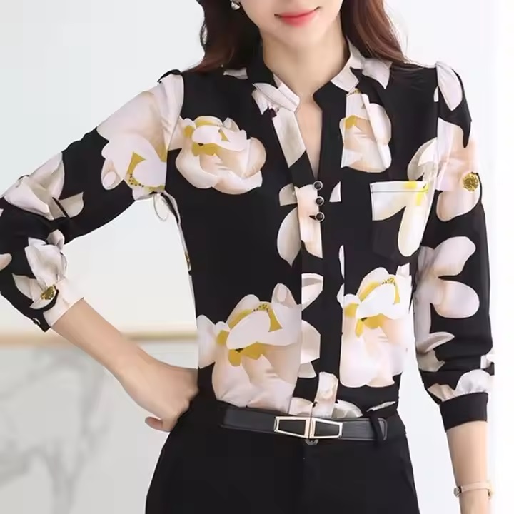 Elegant Plus Size Blouse New Fashion Women's Long Sleeve Chiffon Shirt Women Blouse Top Printed Shirts
