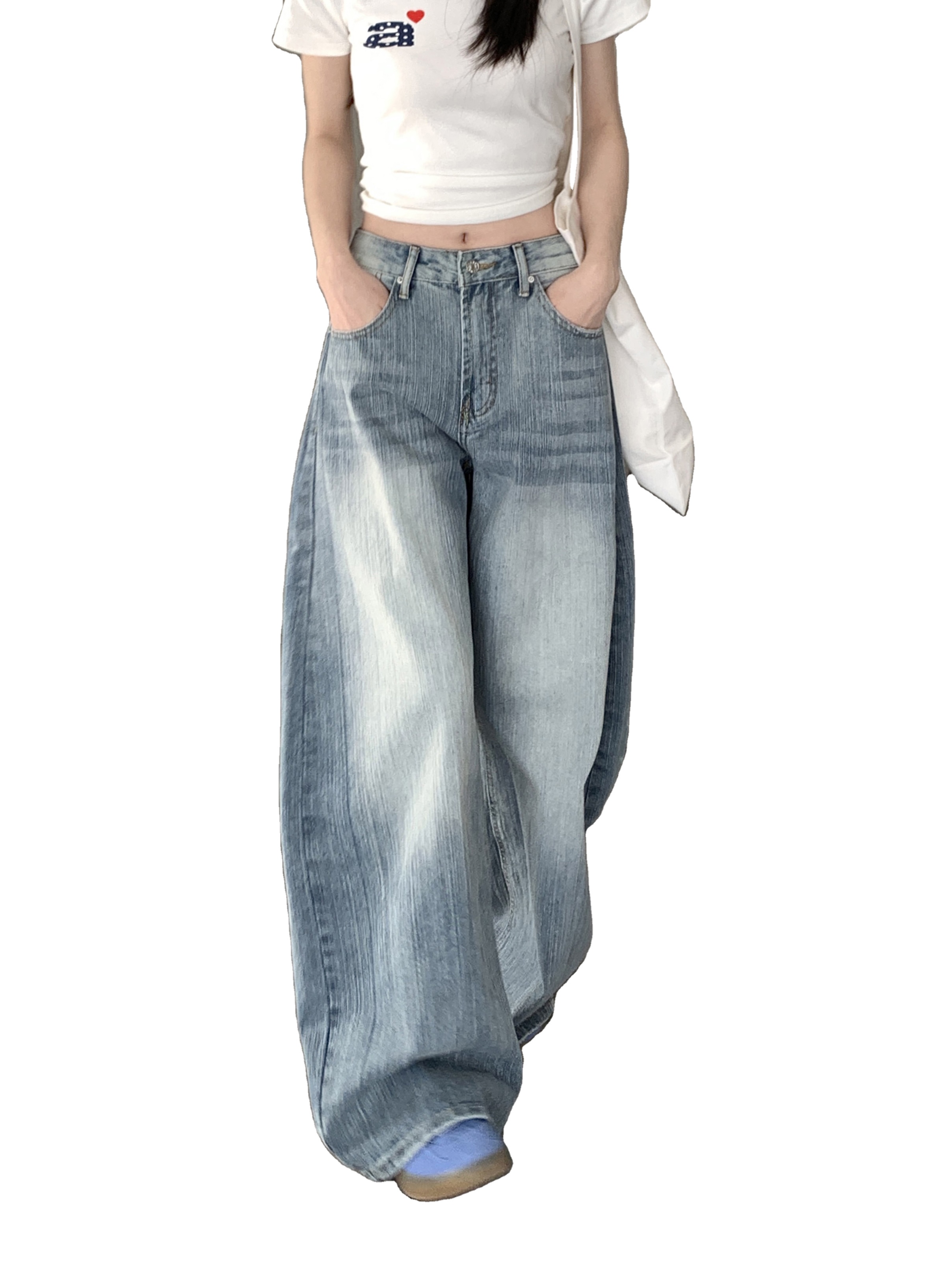 Vintage Nostalgic Machete Pants Women's High Waist All-Season Light Blue Denim Jeans Autumn Washed Loose Trousers with Wide Leg