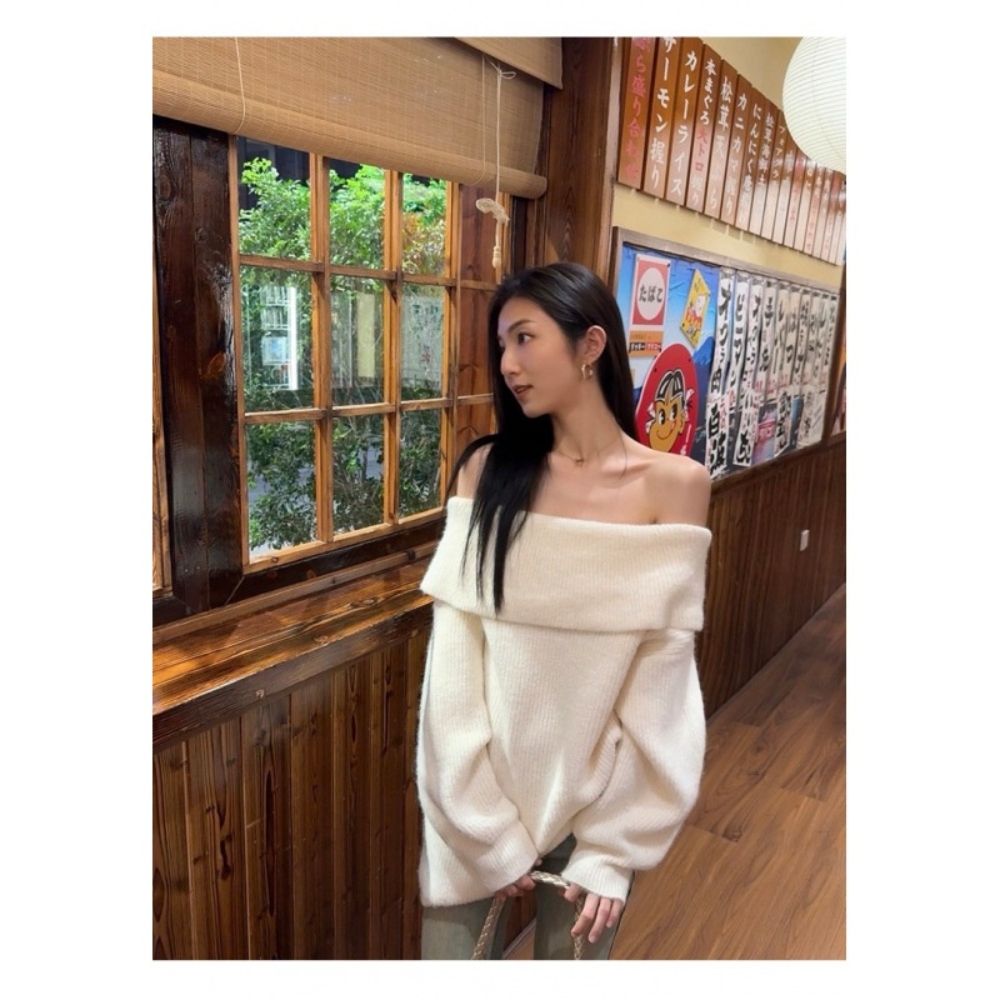 One-Character Crocheted Patchwork Anti-Wrinkle Standard Base Elegant Women's Autumn Winter Sweater Shoulder Top
