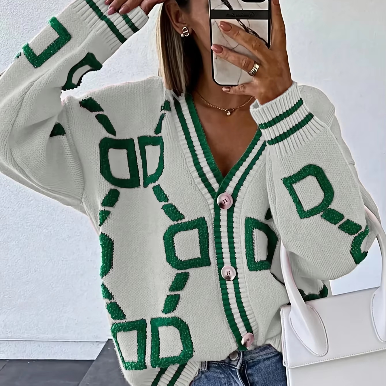 Women'S Autumn Winter V Neck Casual Cardigan Sweater Geometric Pattern Single Breasted Knitted Cardigan Female Sweater