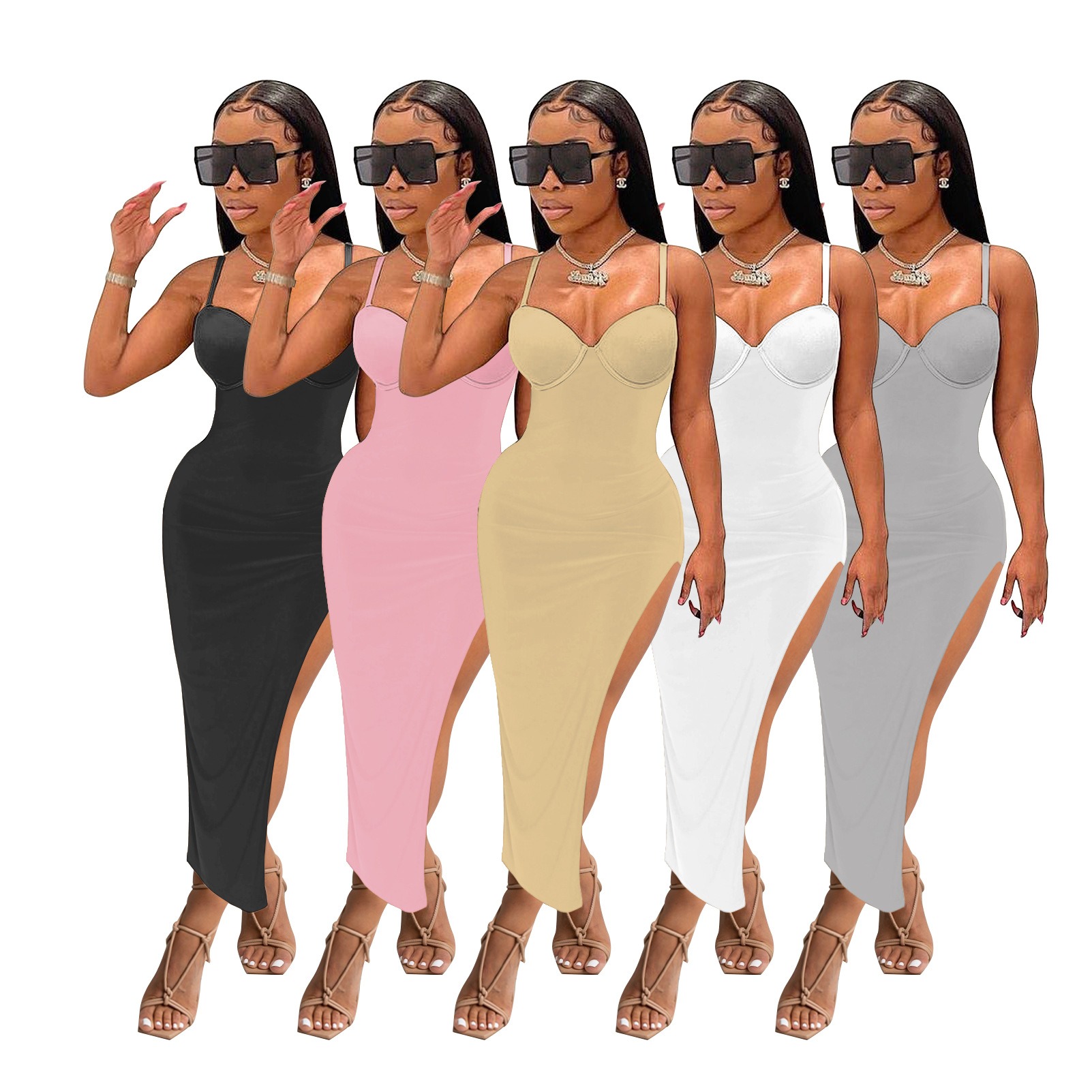 Women's Casual Street Wear Summer Dresses 2024 Solid Color Chiffon Skinny Fitted &amp; Sexy Plus Size Clothing
