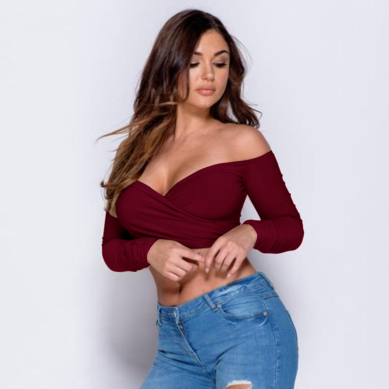 Latest Design Women Off Shoulder Long Sleeve Slim Fit Crop Short Shirt Ladies' Blouses
