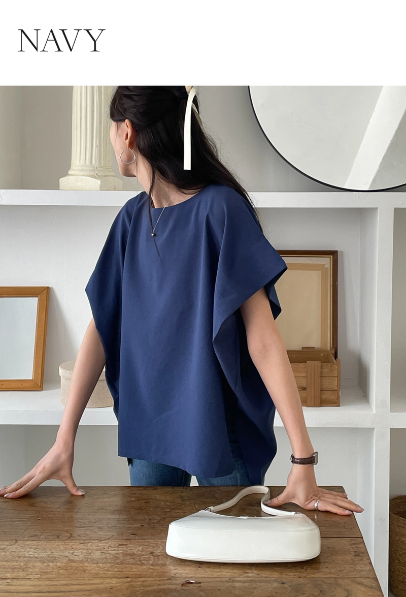 ELEGANT Relaxed Boxy Fit Women's Summer Blouse with Short Sleeve One-Shoulder Plain Dyed Polyester/Cotton Material Made in Korea