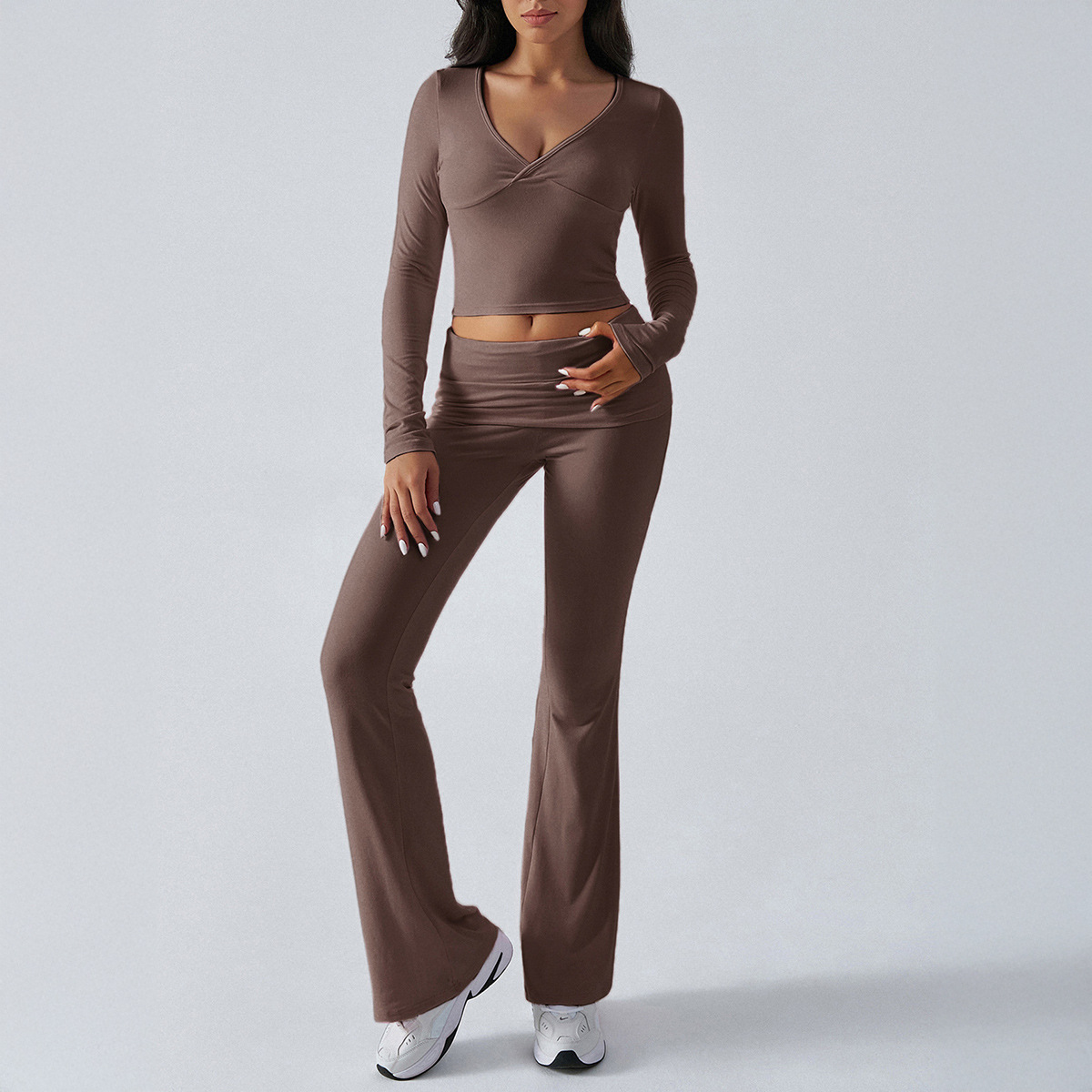 Fall 2025 OEM Activewear Loungewear 2 Pieces Flare Pants Set for Women Low Waist Leggings Foldover Trouser Lounge Wear Sets