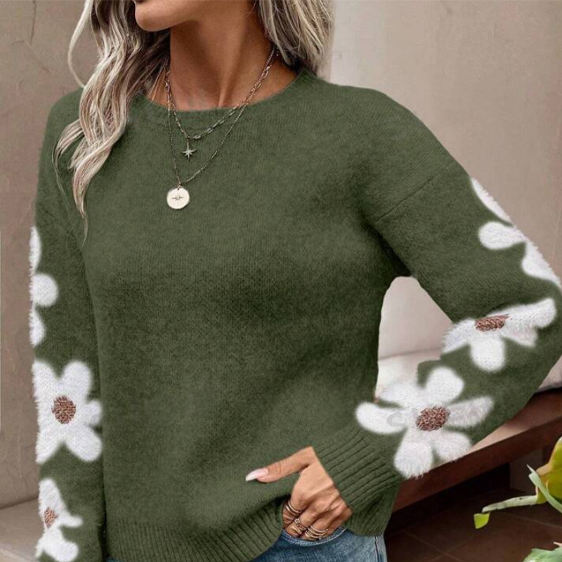 2024 Autumn Winter Elegant Flower Jacquard Knitted Pullover for Women with Front Logo Casual Style