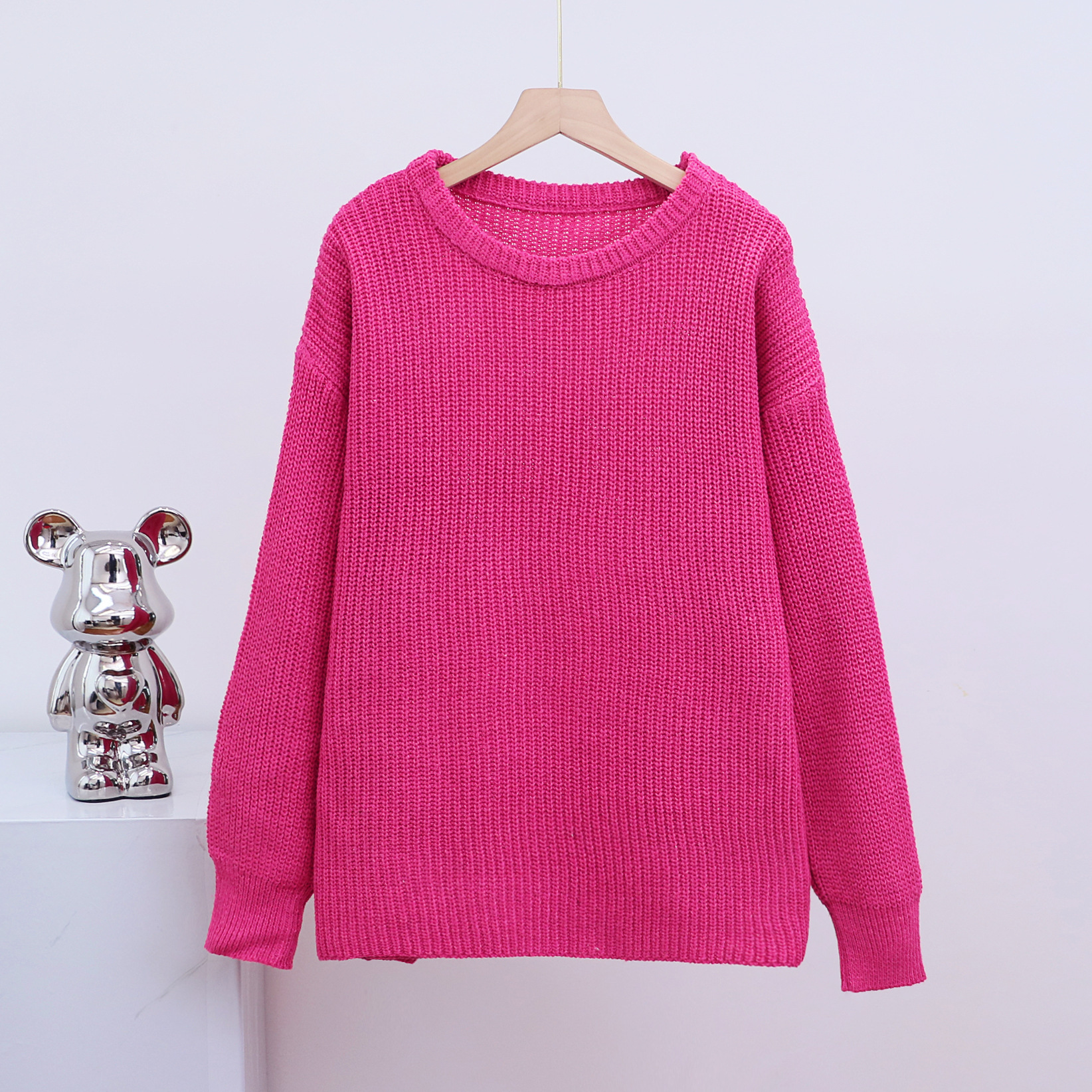 Women's Casual Crewneck Sweater Front/Back Logo Autumn Season Solid Color Long Sleeve Knitted Jacket Loose 'Lazy Wind' Style