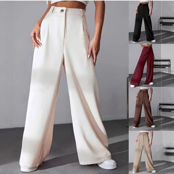 Women's Autumn Solid Color Polyester Spandex High Waist Full Length Straight-Leg Casual Pants