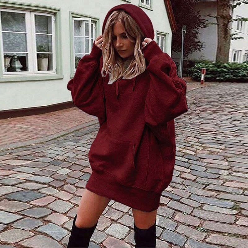 Women's Mid-Long Hooded Fleece Pullover Top Loose and Casual Design with Long Sleeves for Autumn and Winter Solid Color