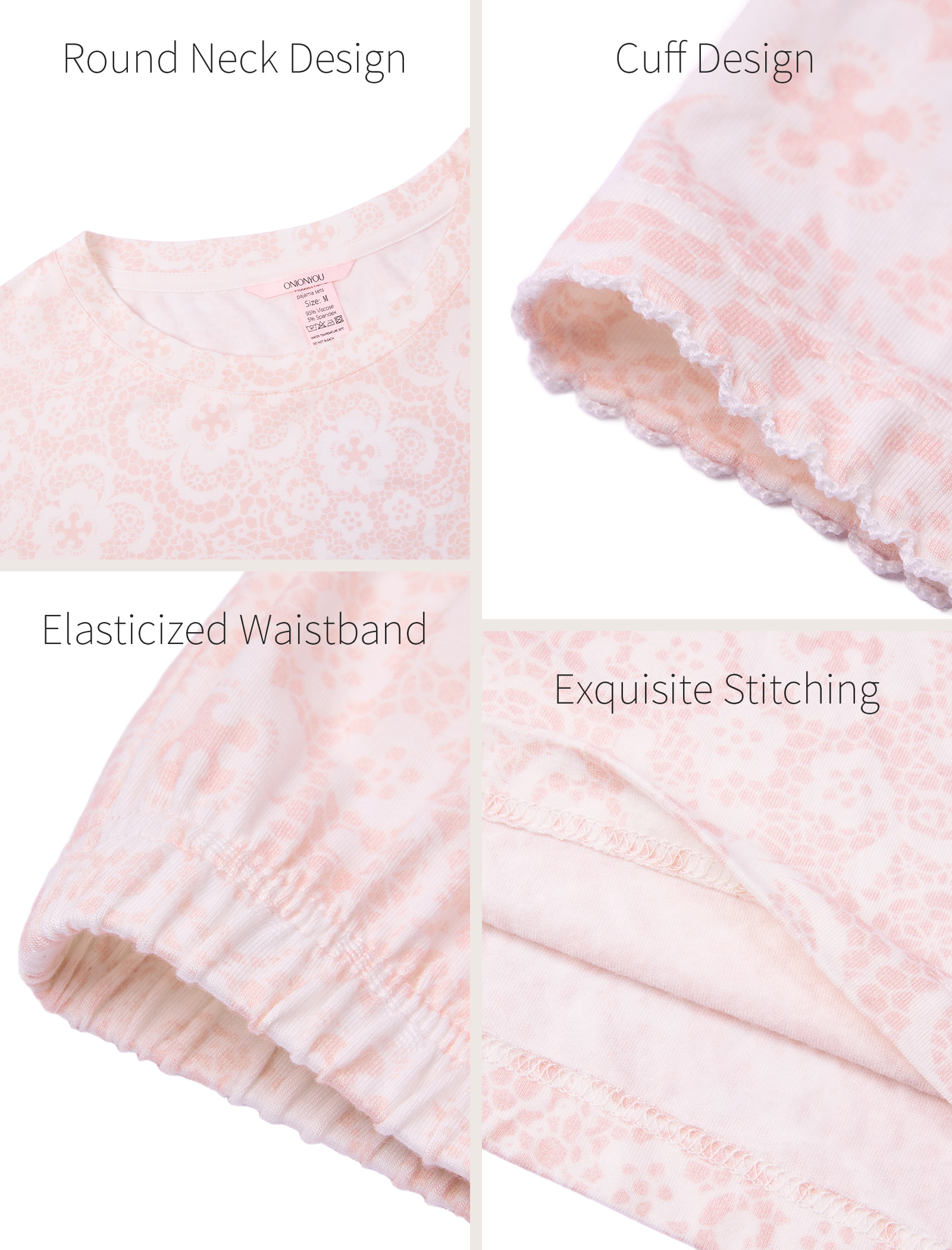 Women's Pink Floral Print Loungewear Set Long Sleeve Soft Casual Sleepwear Outfit